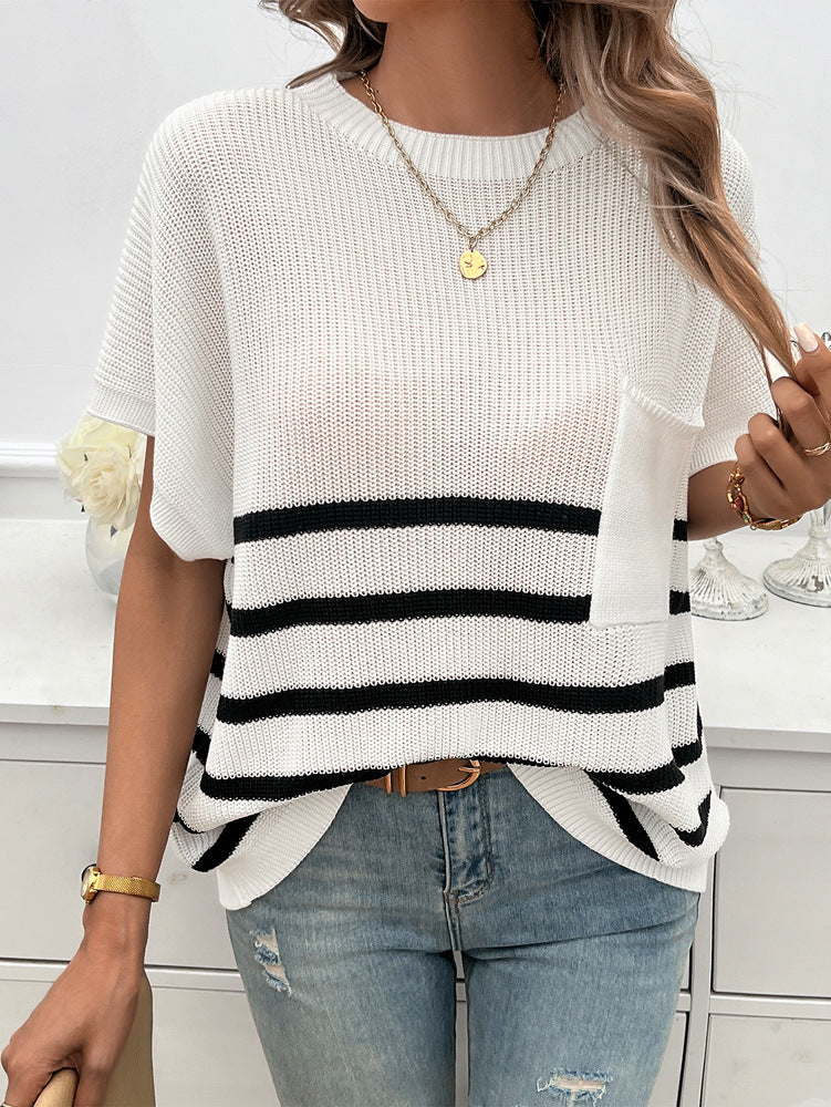 Striped Round Neck Short Sleeve Sweater