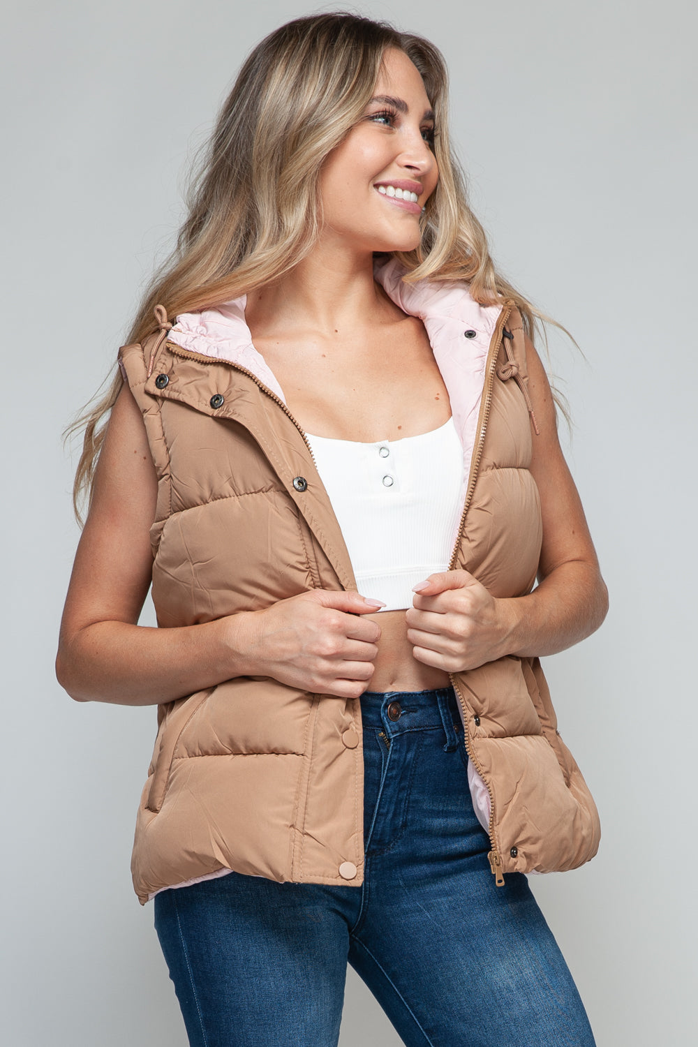 Snobbish Snap and Zip Closure Hooded Vest Camel