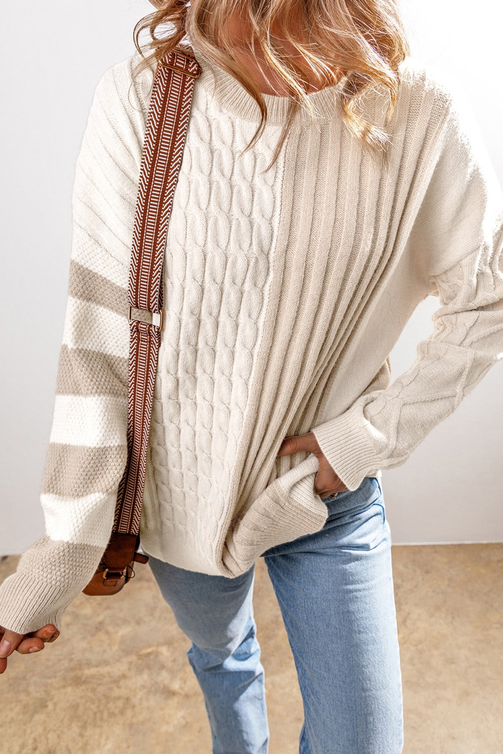 PREORDER Cable-Knit Color Block Round Neck Sweater