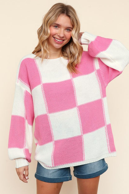 Checkered Round Neck Drop Shoulder Sweater