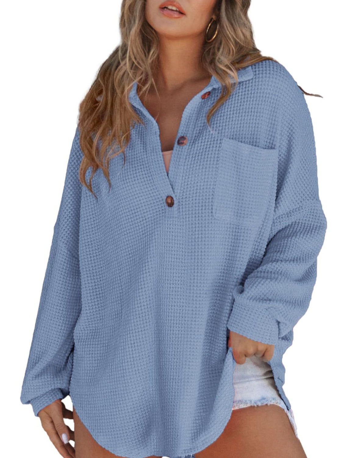 PREORDER Waffle-Knit Dropped Shoulder Long Sleeve Sweatshirt