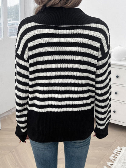 PREORDER Devine Striped Collared Neck Long Sleeve Sweater