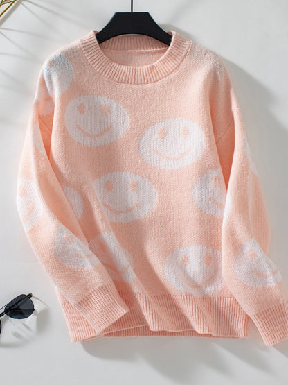 PREORDER Smile Pattern Round Neck Long Sleeve Sweater