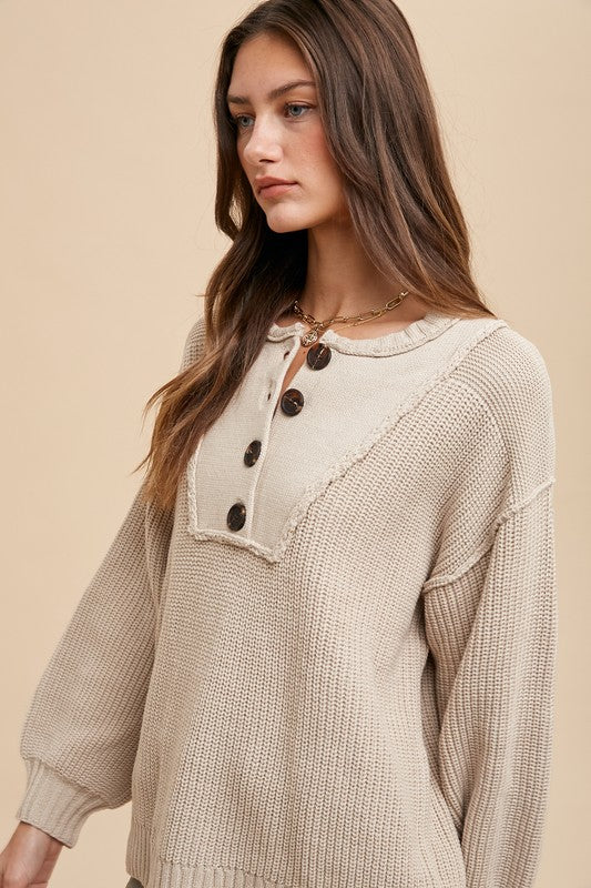 Annie Wear Half Button Ribbed Hem Sweater