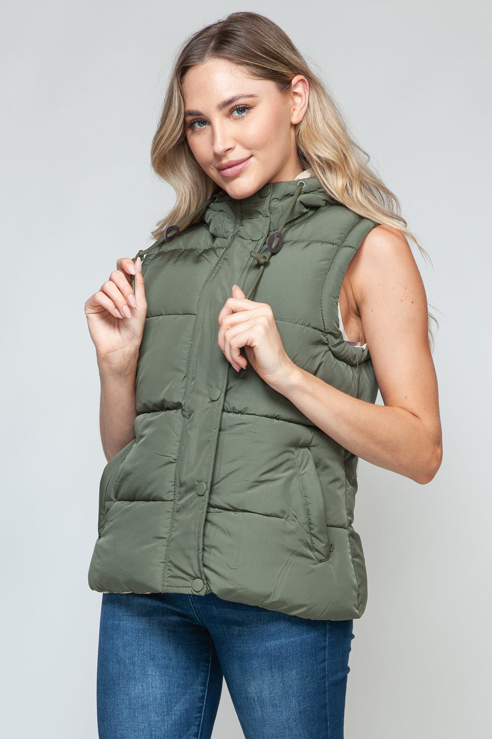 Snobbish Snap and Zip Closure Hooded Vest Olive