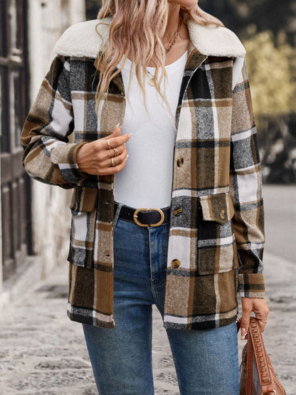 PREORDER Perfee Pocketed Plaid Button Up Collared Neck Jacket