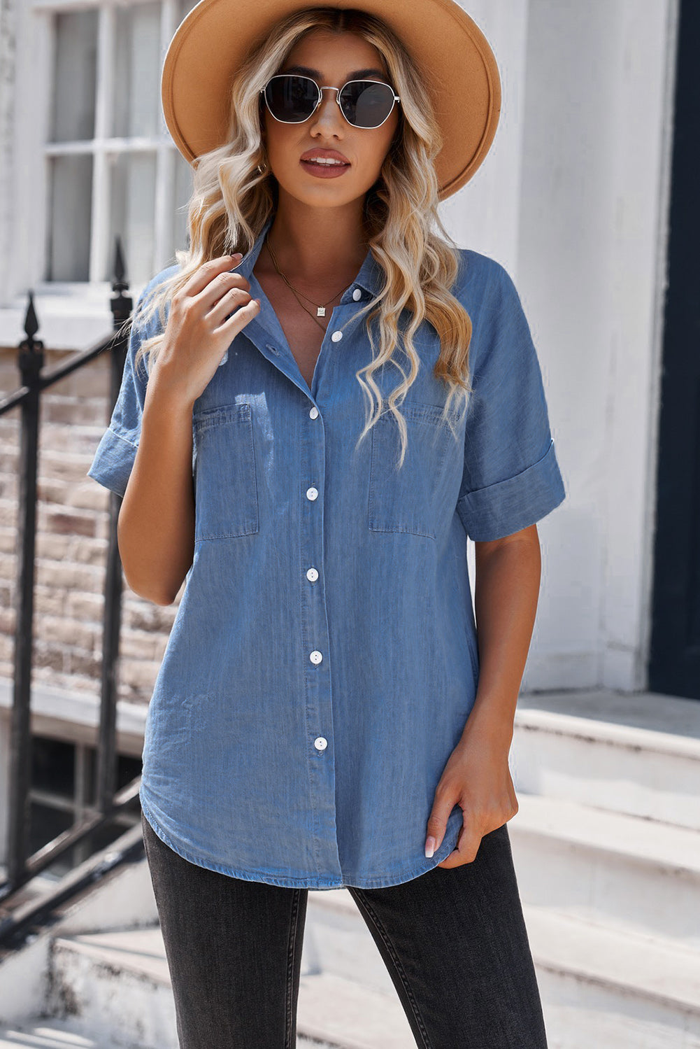 Alexis Button Front Collared Short Sleeve Shirt- 1 size Small/Dusty Blue left! FINAL SALE!