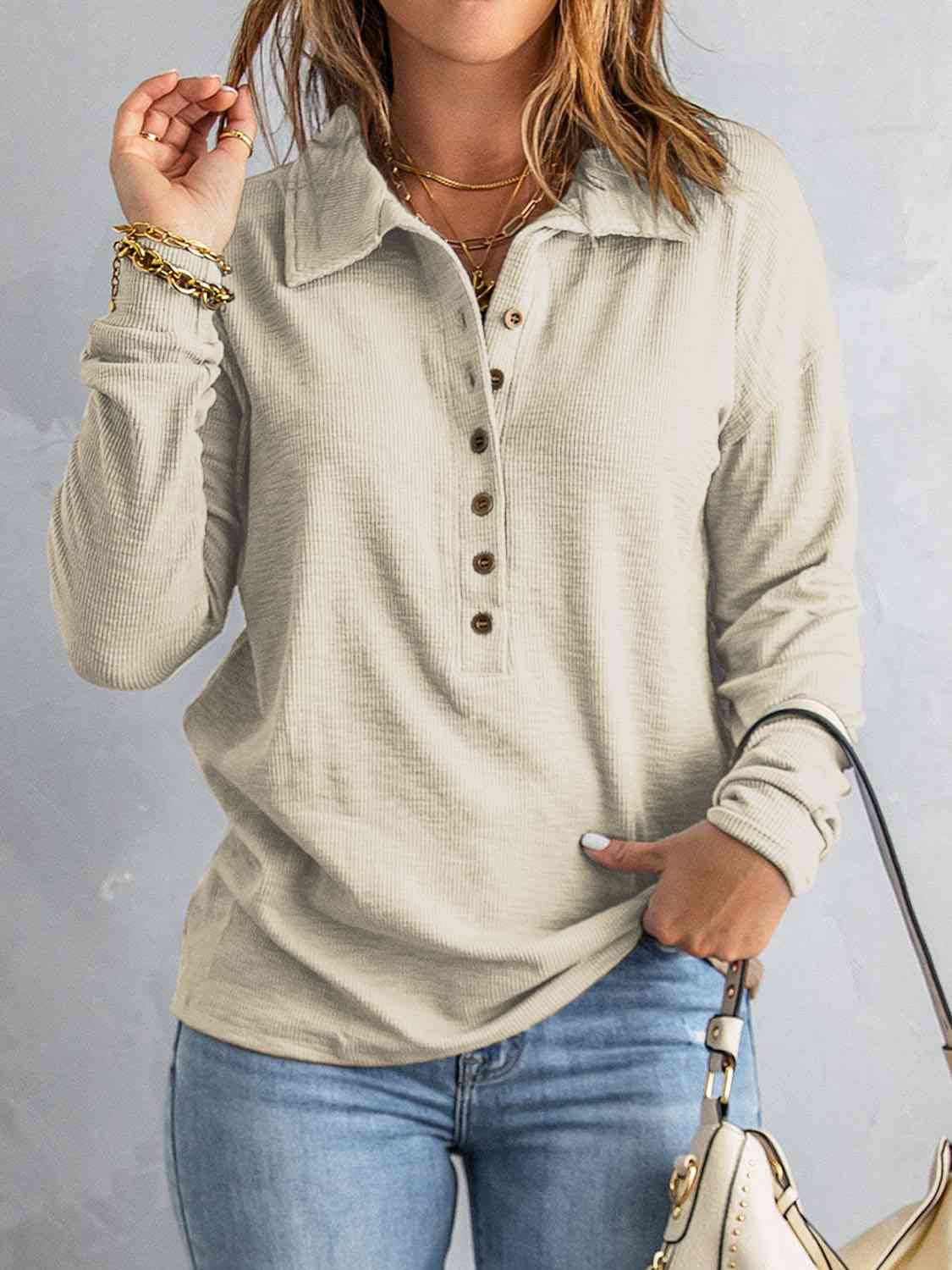 Cassie Collared Neck Half Button Top- 1 Large/Heather Gray left! FINAL SALE!