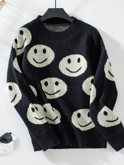 PREORDER Smile Pattern Round Neck Long Sleeve Sweater