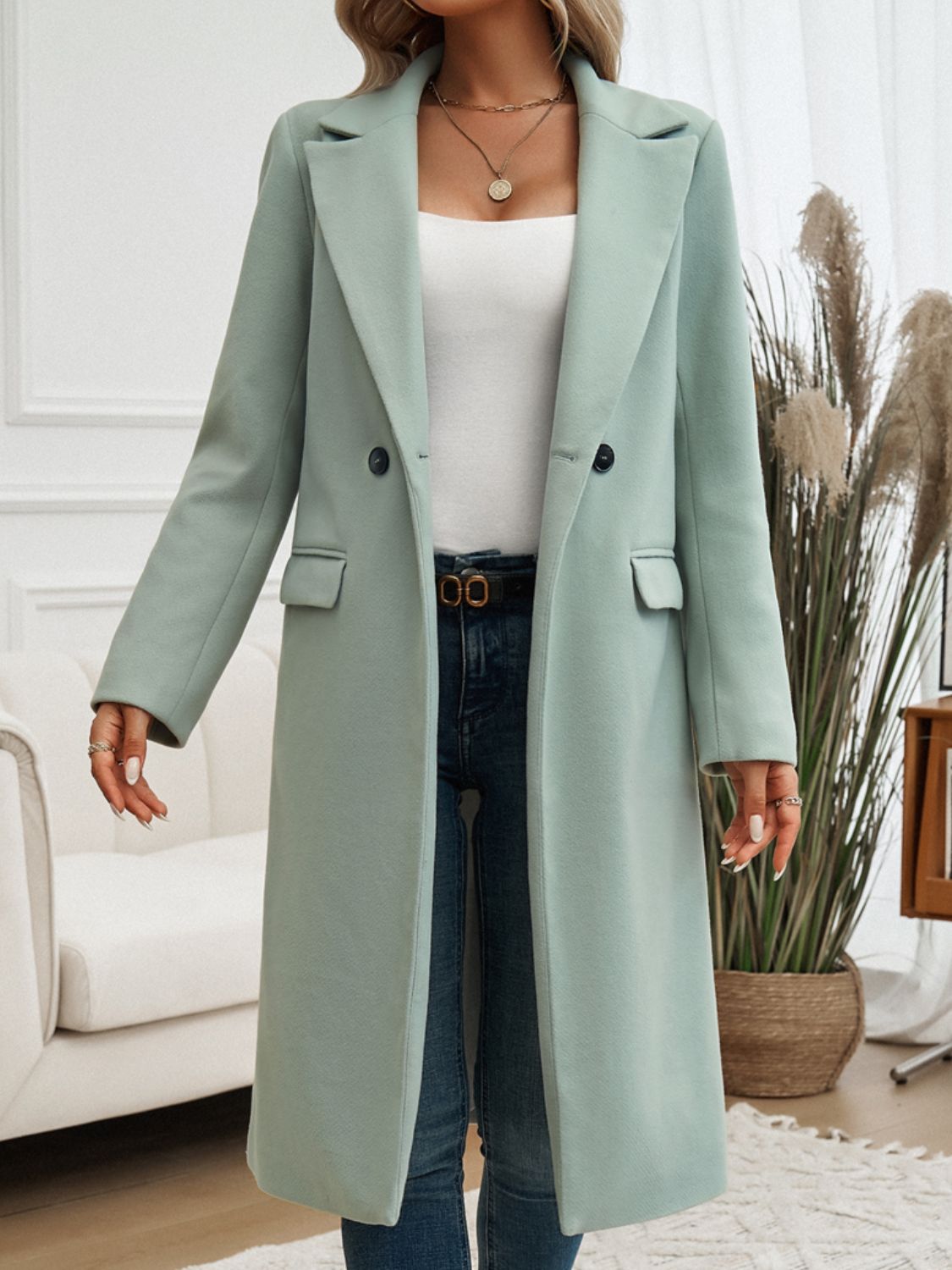 PREORDER Devine Pocketed Collared Neck Long Sleeve Coat