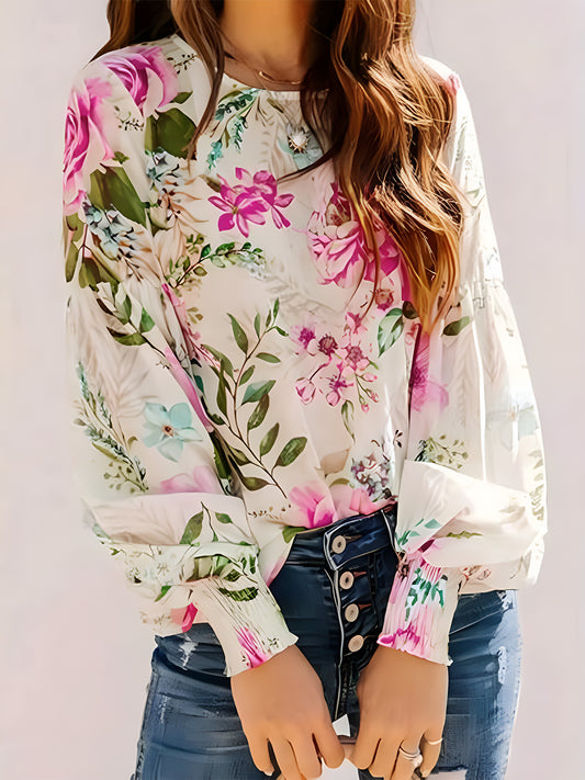 PREORDER Printed Round Neck Lantern Sleeve Blouse