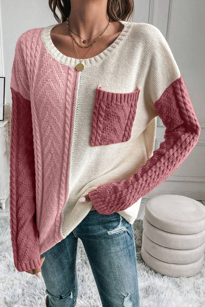 PREORDER Color Block Round Neck Long Sleeve Sweater