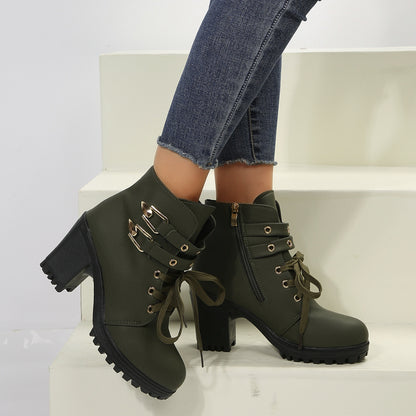 PREORDER PU Leather Round Toe Block Heel Boots