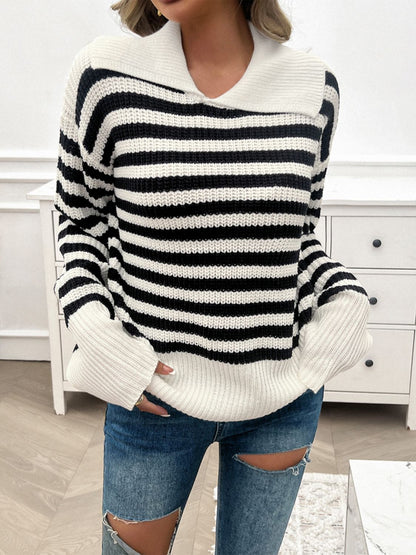 PREORDER Devine Striped Collared Neck Long Sleeve Sweater