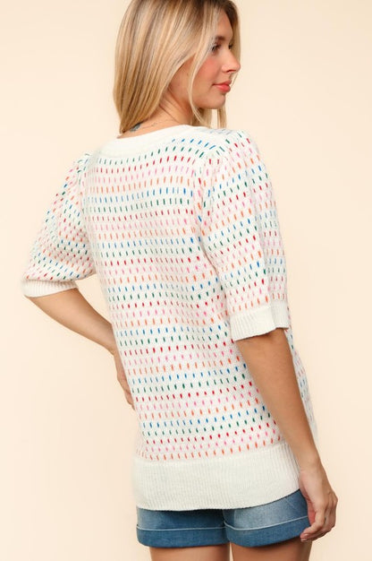 Round Neck Half Sleeve Multi Color Knit Top