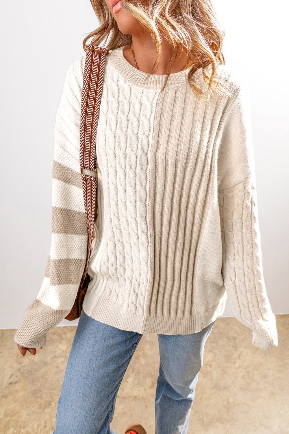 PREORDER Cable-Knit Color Block Round Neck Sweater