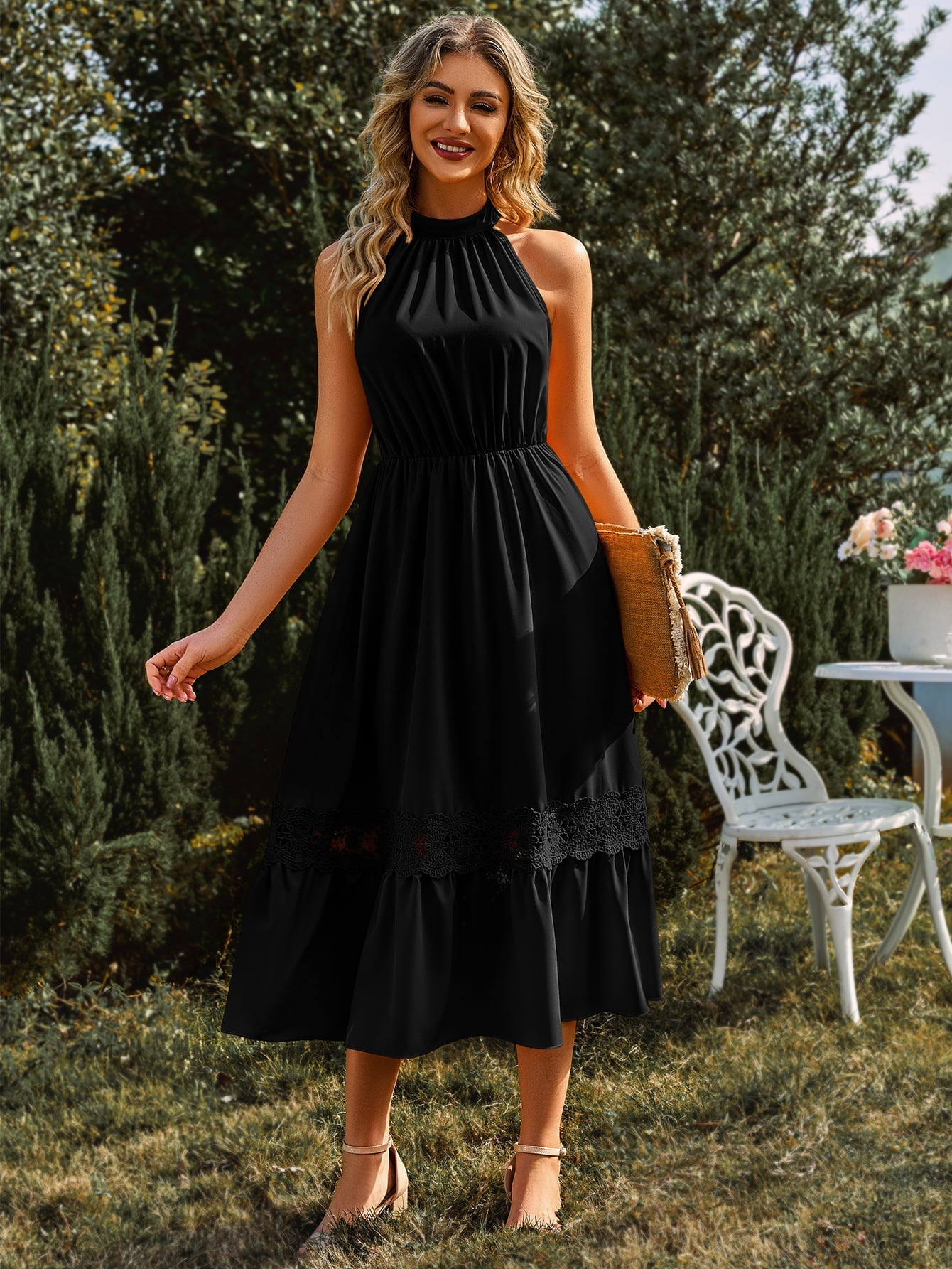 Gwendalyn Grecian Neck Spliced Lace Midi Dress- 1 size Small/Black left! FINAL SALE!