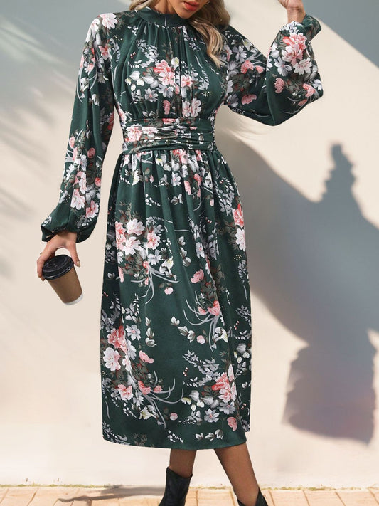 PREORDER Perfee Ruched Printed Mock Neck Long Sleeve Midi Dress