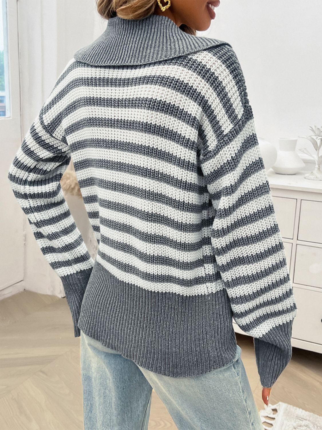 PREORDER Devine Striped Collared Neck Long Sleeve Sweater