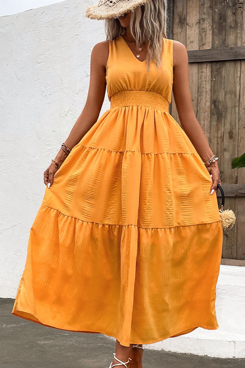Jessica V-Neck Smocked Waist Sleeveless Tiered Dress- 2 size 2XLs left in Tangerine and 1 size 2XL left in Blush Pink! FINAL SALE!