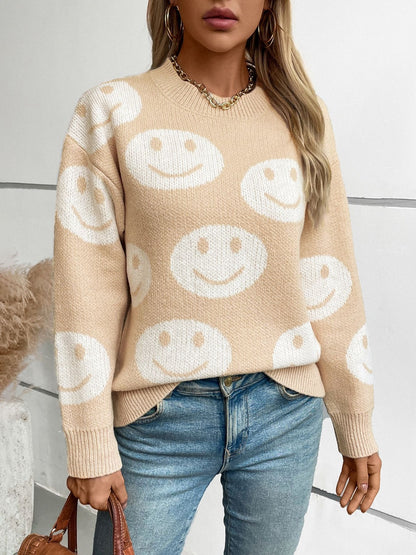 PREORDER Smile Pattern Round Neck Long Sleeve Sweater