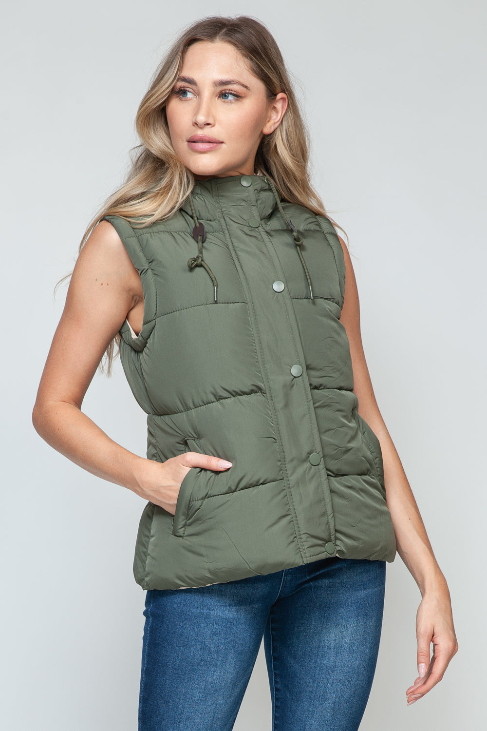 Snobbish Snap and Zip Closure Hooded Vest Olive