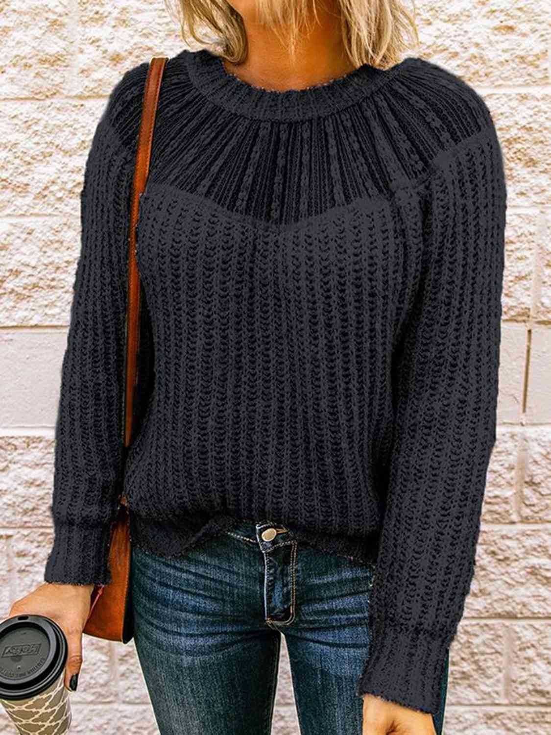 Lauryn Round Neck Rib-Knit Sweater- 1 size Small/Black left! FINAL SALE!