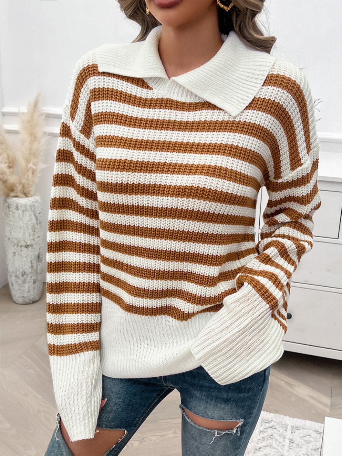 PREORDER Devine Striped Collared Neck Long Sleeve Sweater