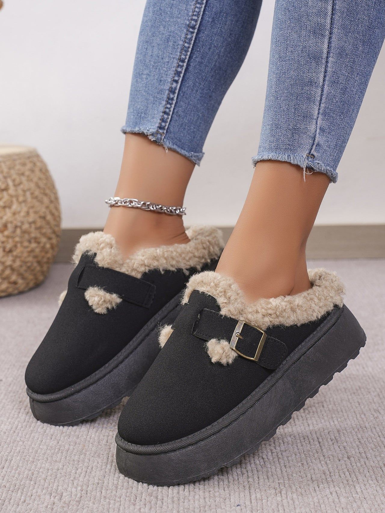 PREORDER Thermal Fuzzy Buckle Platform Slippers