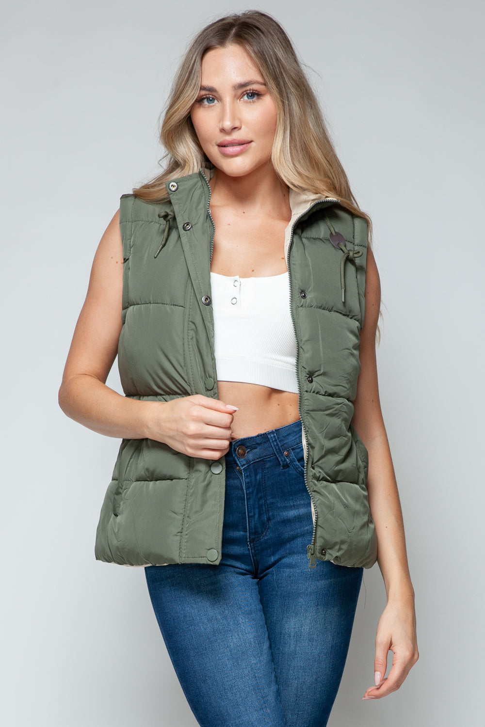 Snobbish Snap and Zip Closure Hooded Vest Olive