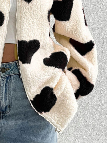 PREORDER Heart Zip Up Drop Shoulder Furry Jacket