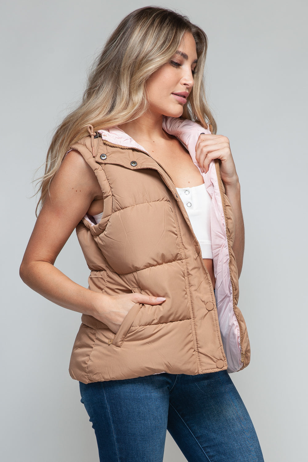 Snobbish Snap and Zip Closure Hooded Vest Camel