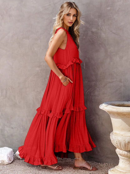 Raina Ruffled Sleeveless Tiered Maxi Dress with Pockets- 1 Burnt Coral size Medium left! FINAL SALE!