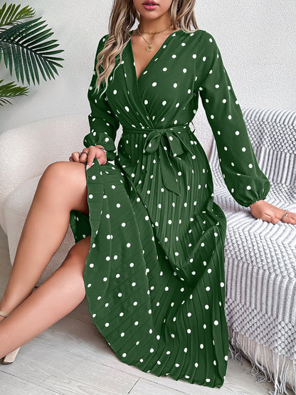 PREORDER Tied Polka Dot Long Sleeve Midi Dress