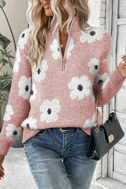 PREORDER Flower Half Zip Long Sleeve Sweater