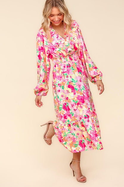 Floral Surplice Balloon Sleeve Dress with Side Pockets