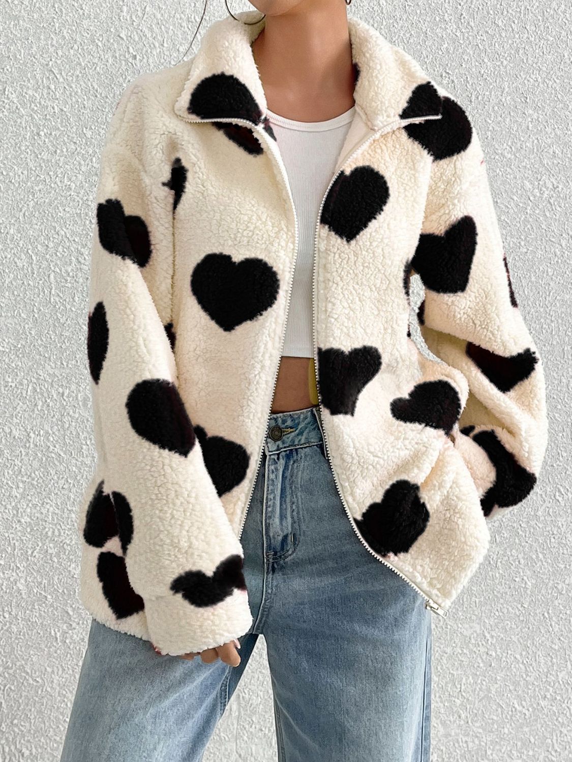 PREORDER Heart Zip Up Drop Shoulder Furry Jacket