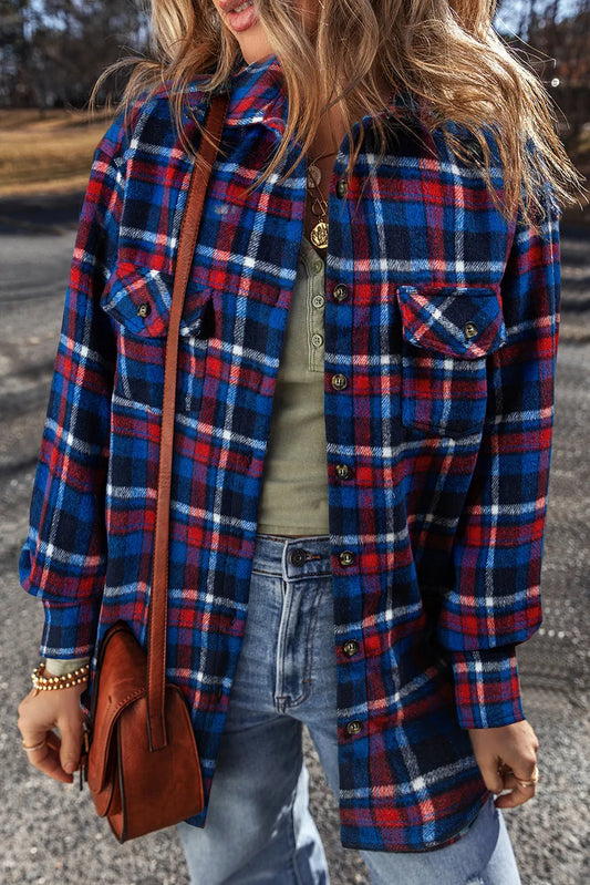 PREORDER Pocketed Plaid Collared Neck Long Sleeve Shacket