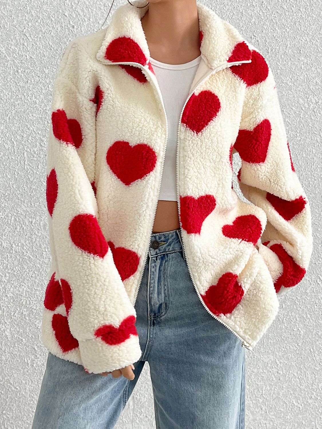 PREORDER Heart Zip Up Drop Shoulder Furry Jacket