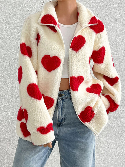 PREORDER Heart Zip Up Drop Shoulder Furry Jacket