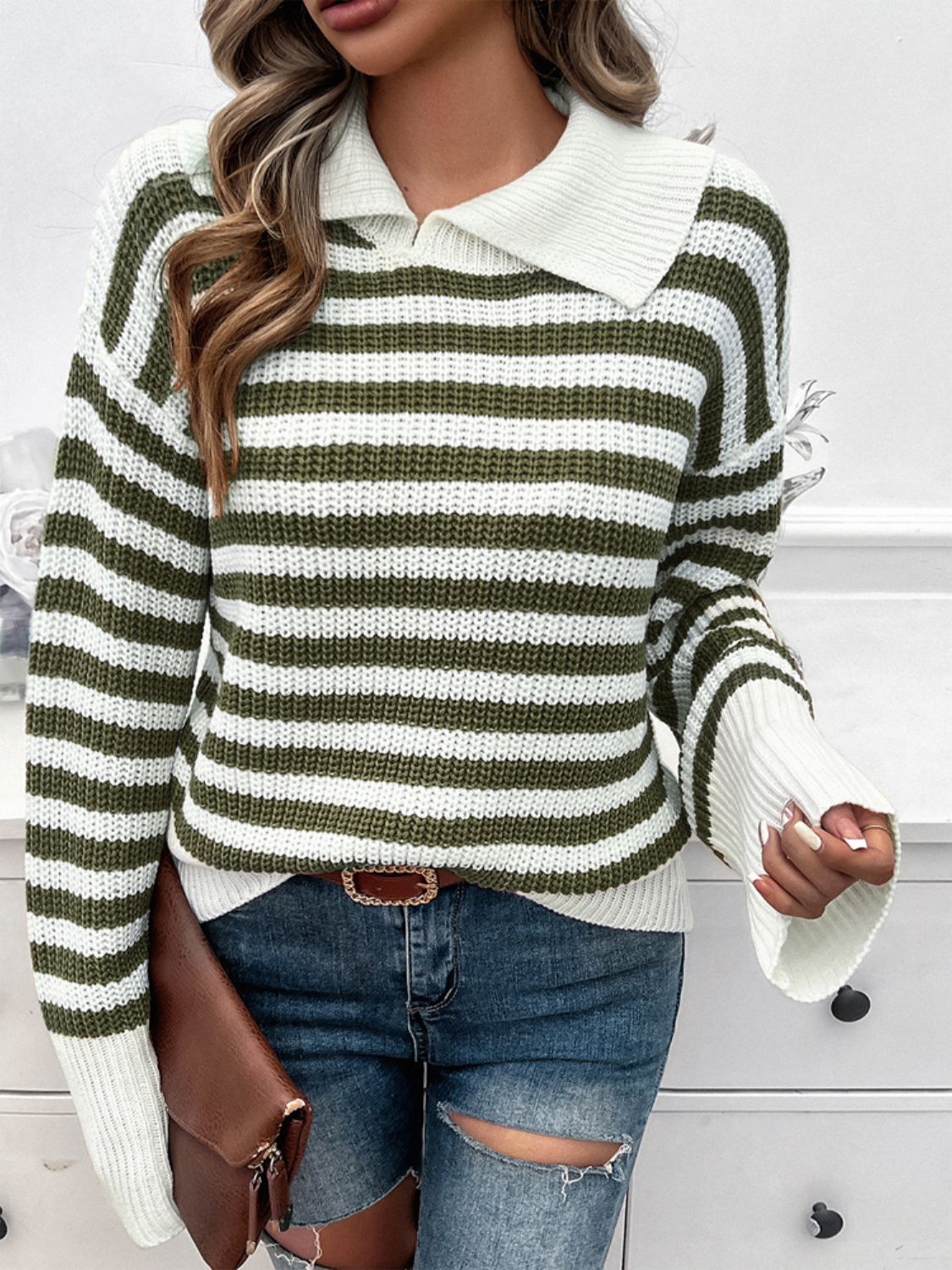 PREORDER Devine Striped Collared Neck Long Sleeve Sweater