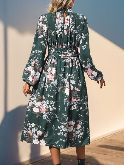 PREORDER Perfee Ruched Printed Mock Neck Long Sleeve Midi Dress