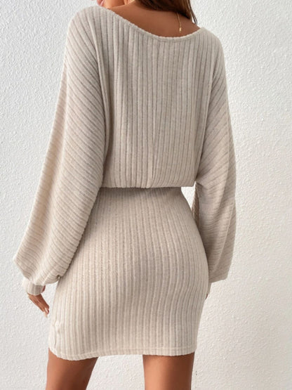 PREORDER Round Neck Tie Waist Long Sleeve Mini Dress