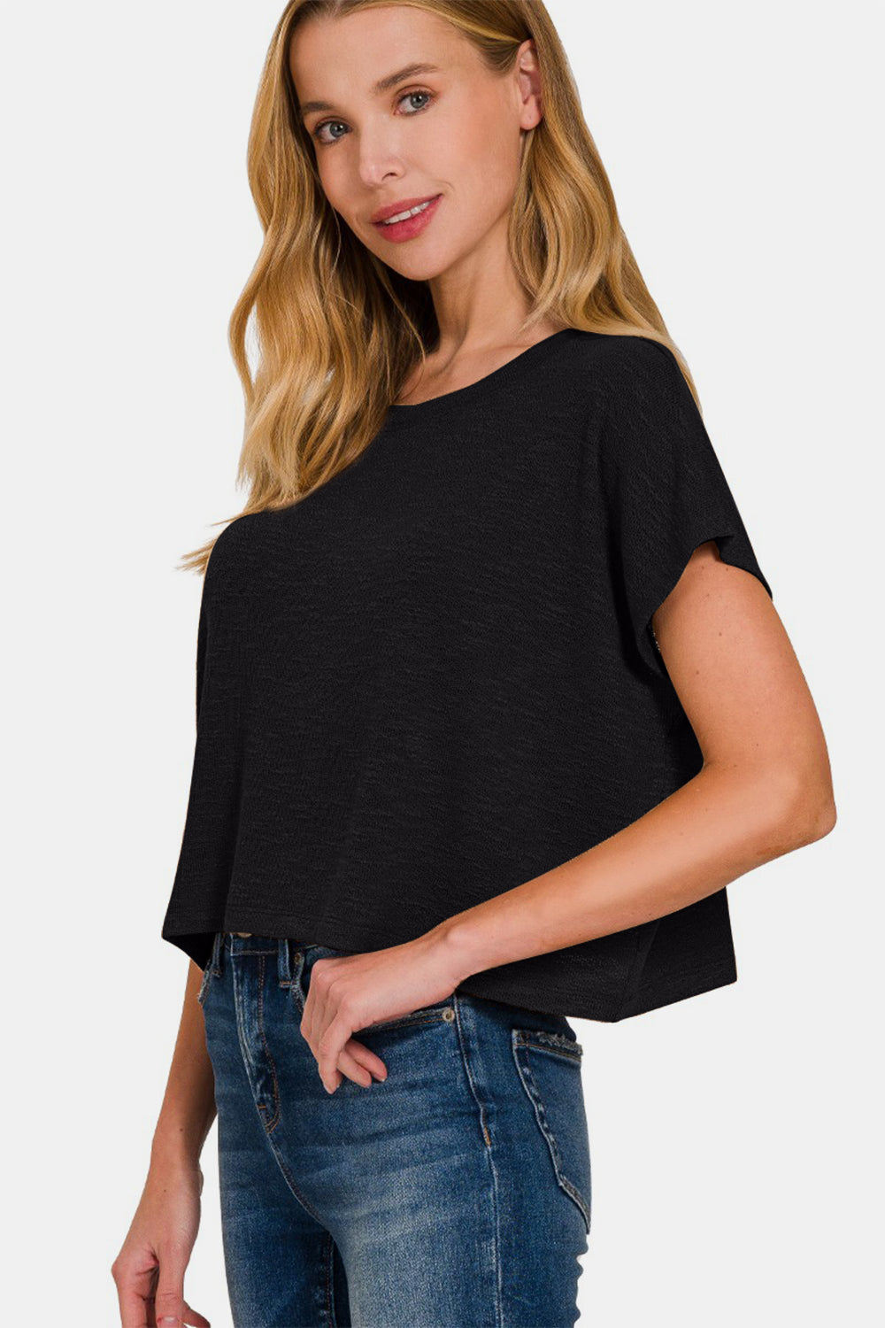 Black Round Neck Short Sleeve Crop T-Shirt
