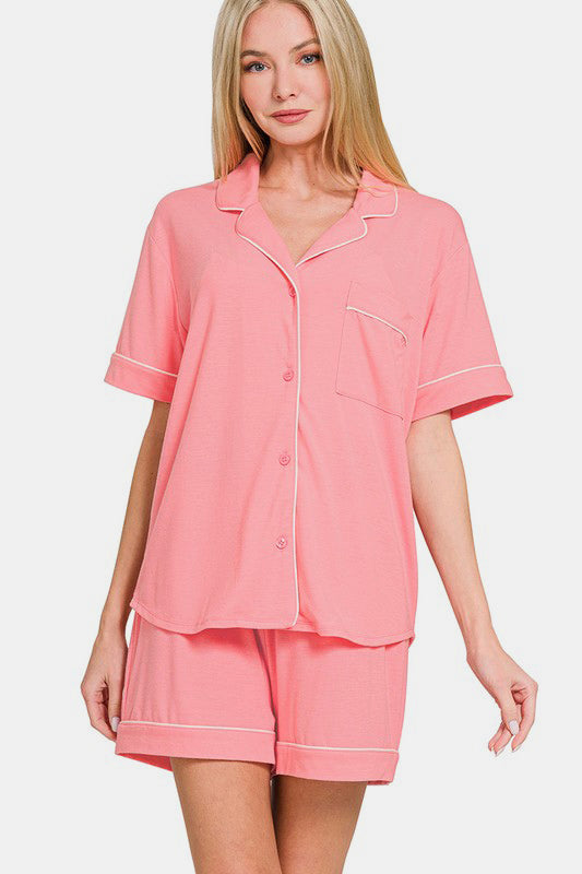 Button Down Short Sleeve Top and Shorts Lounge Set