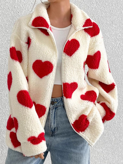 PREORDER Heart Zip Up Drop Shoulder Furry Jacket