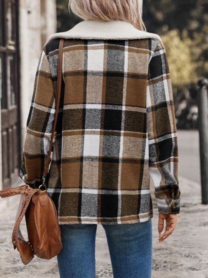 PREORDER Perfee Pocketed Plaid Button Up Collared Neck Jacket