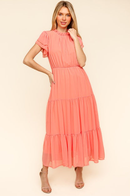 Tiered Frill Mock Neck Short Sleeve Dress