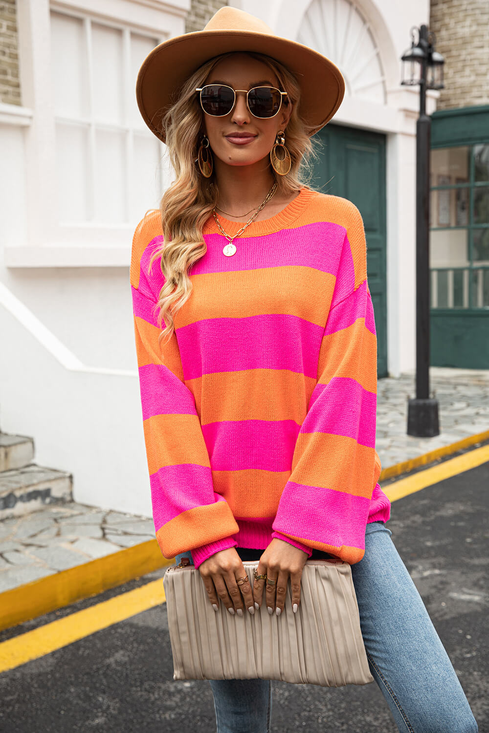 Ryann Striped Balloon Sleeve Knit Pullover- 1 size Small/Yellow and 1 size Small/Orange-Fuchsia left! FINAL SALE!