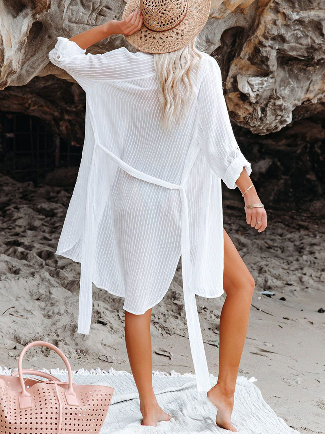 Button Up Roll-Tab Sleeve Swim Cover-Up